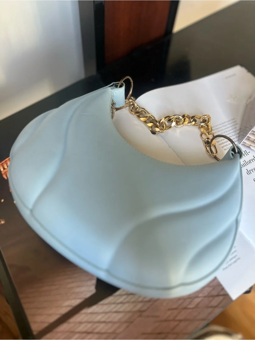 Light Blue Quilted Shoulder Bag with Gold Chain women